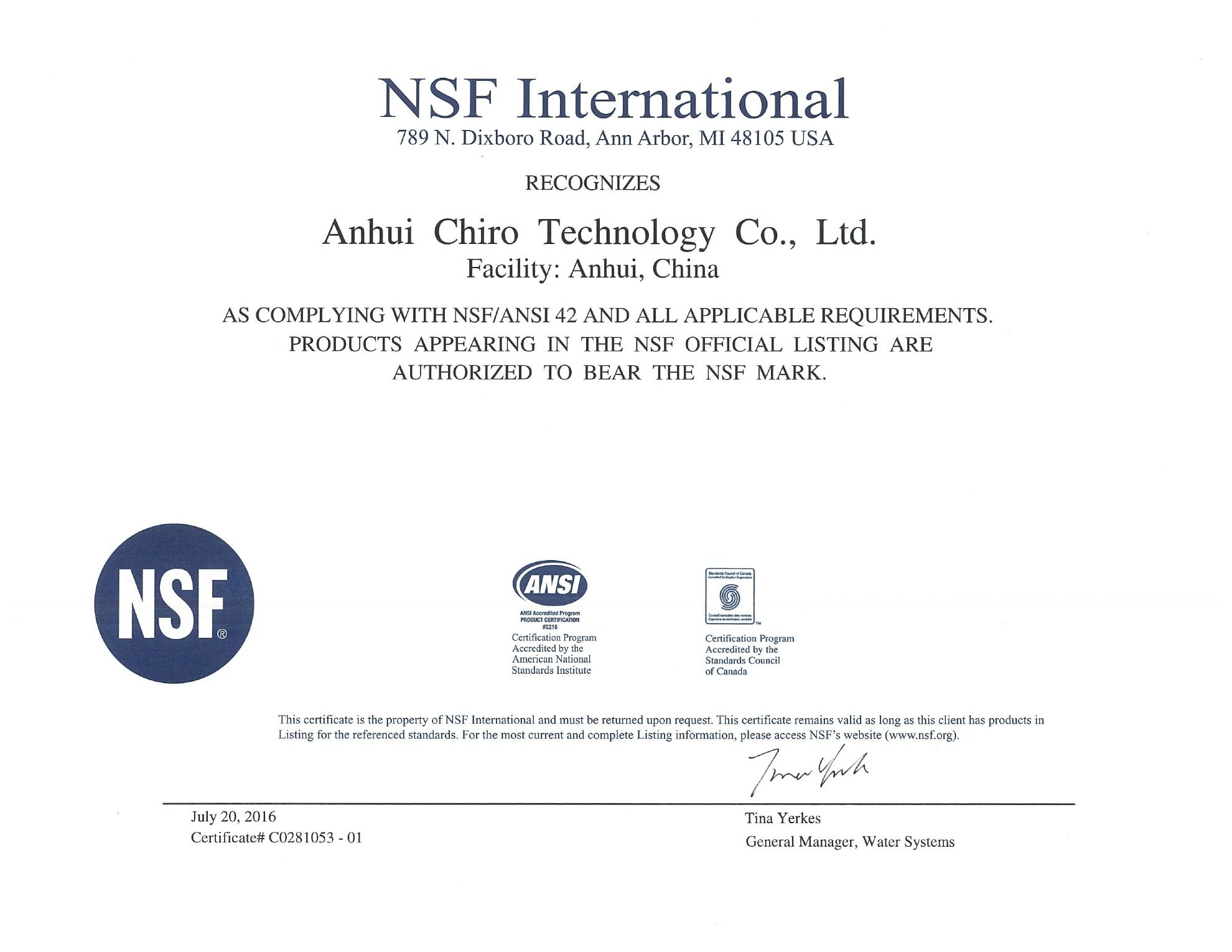 NSF Sertifikası — C0281053