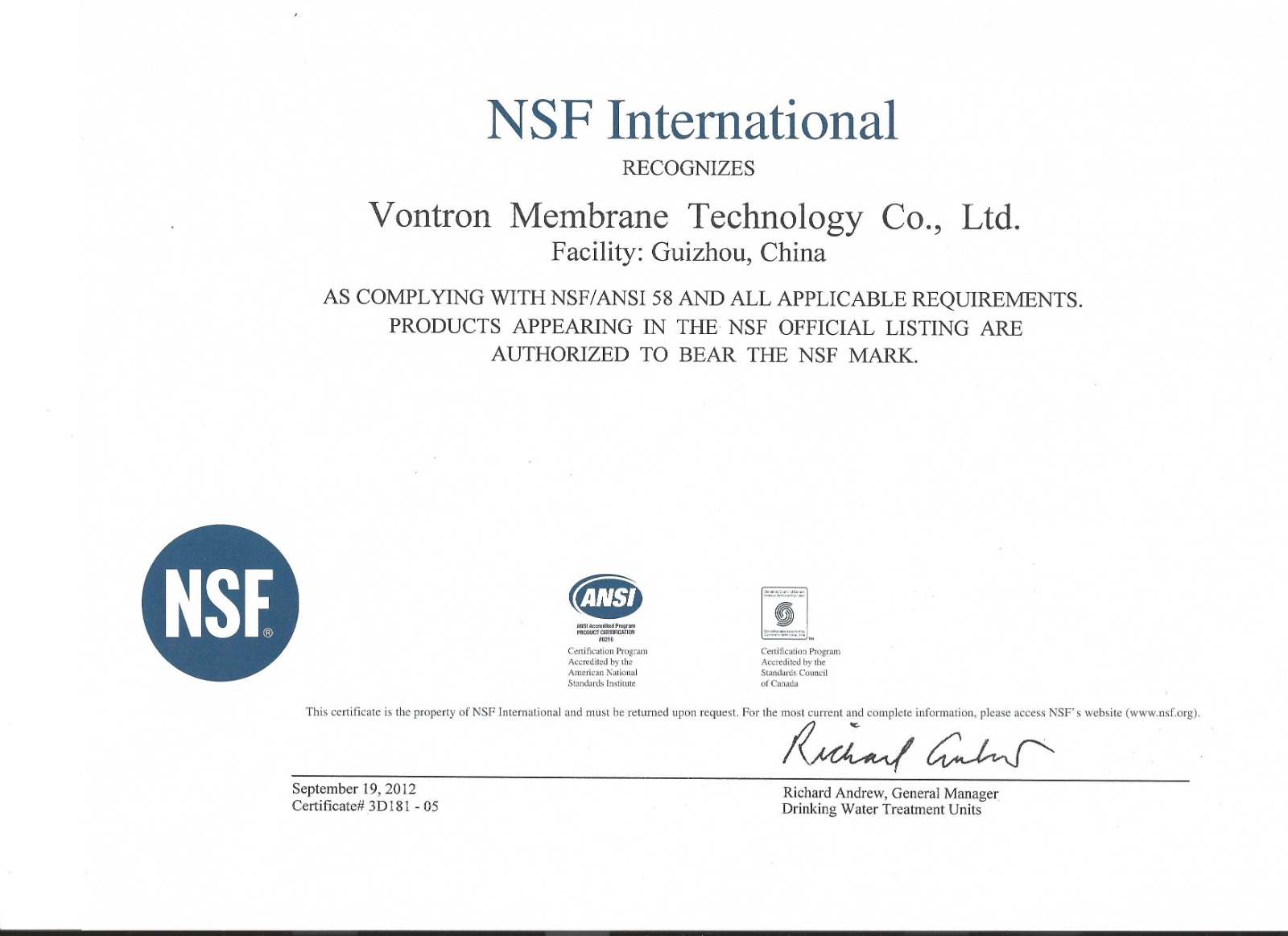 NSF Sertifikası — Vontron
